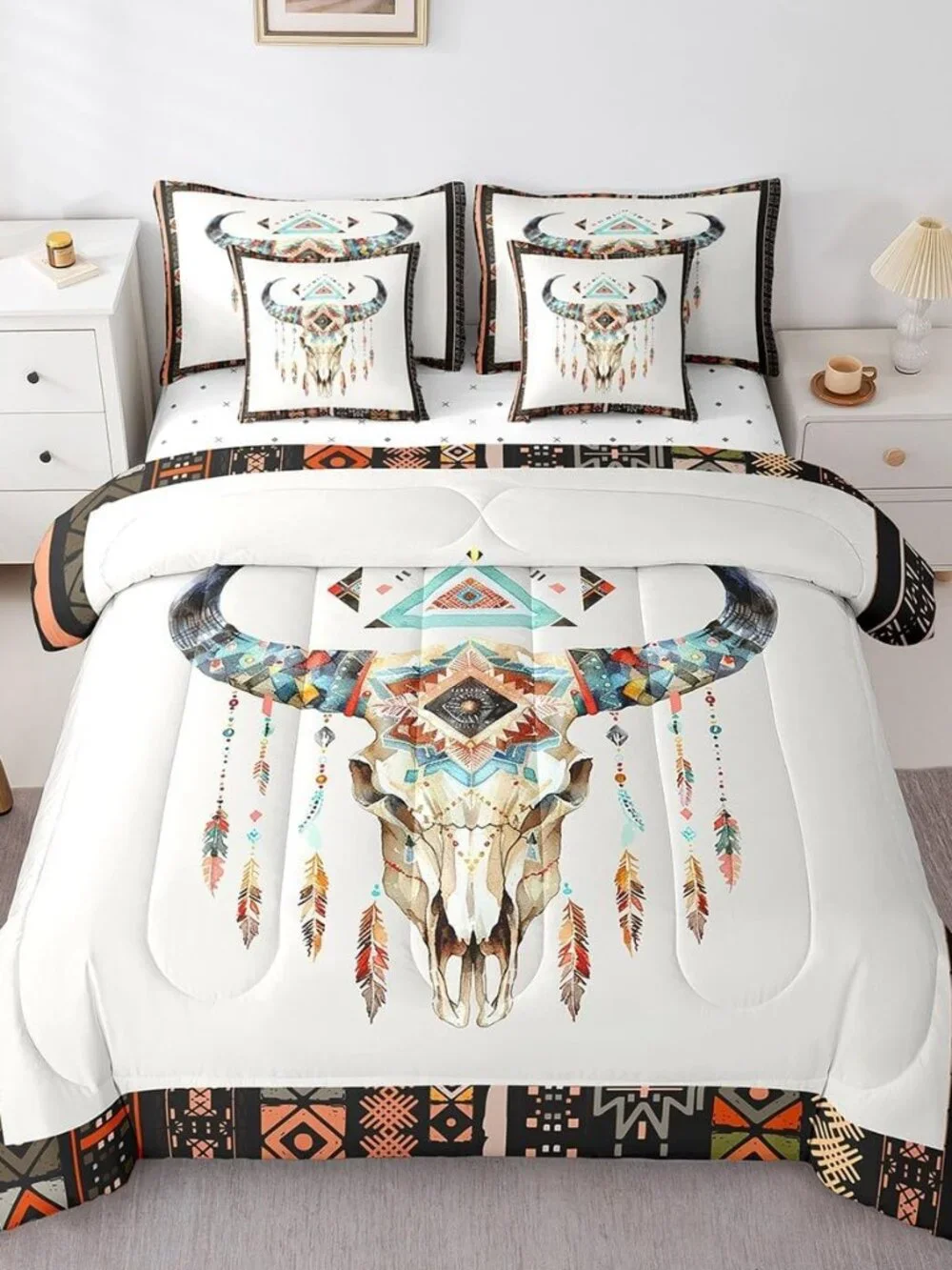 Boho Cow Skull Kids Comforter Set 7 Piece Queen Size,Watercolor Tribal Geometric